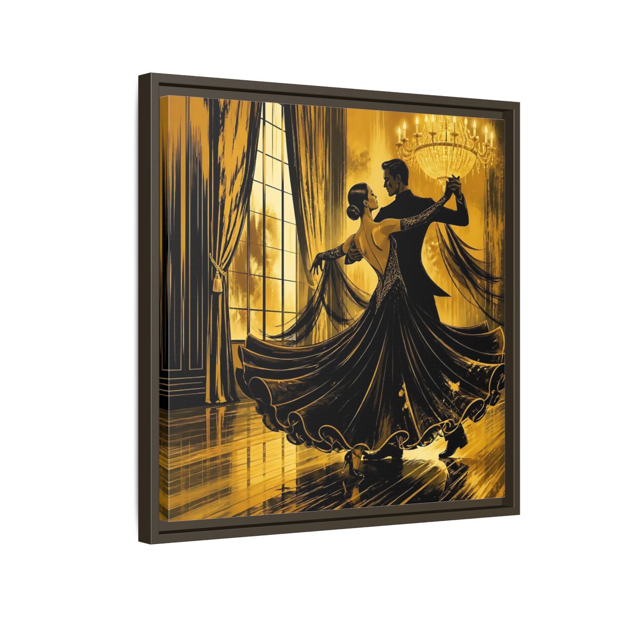 Side Mockup 11. Vintage Dancing Couple Gold And Black shown as framed canvas print