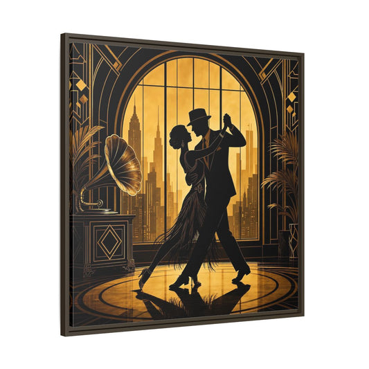 Main Mockup. Vintage Dancing Couple Gold And Black shown as framed canvas print