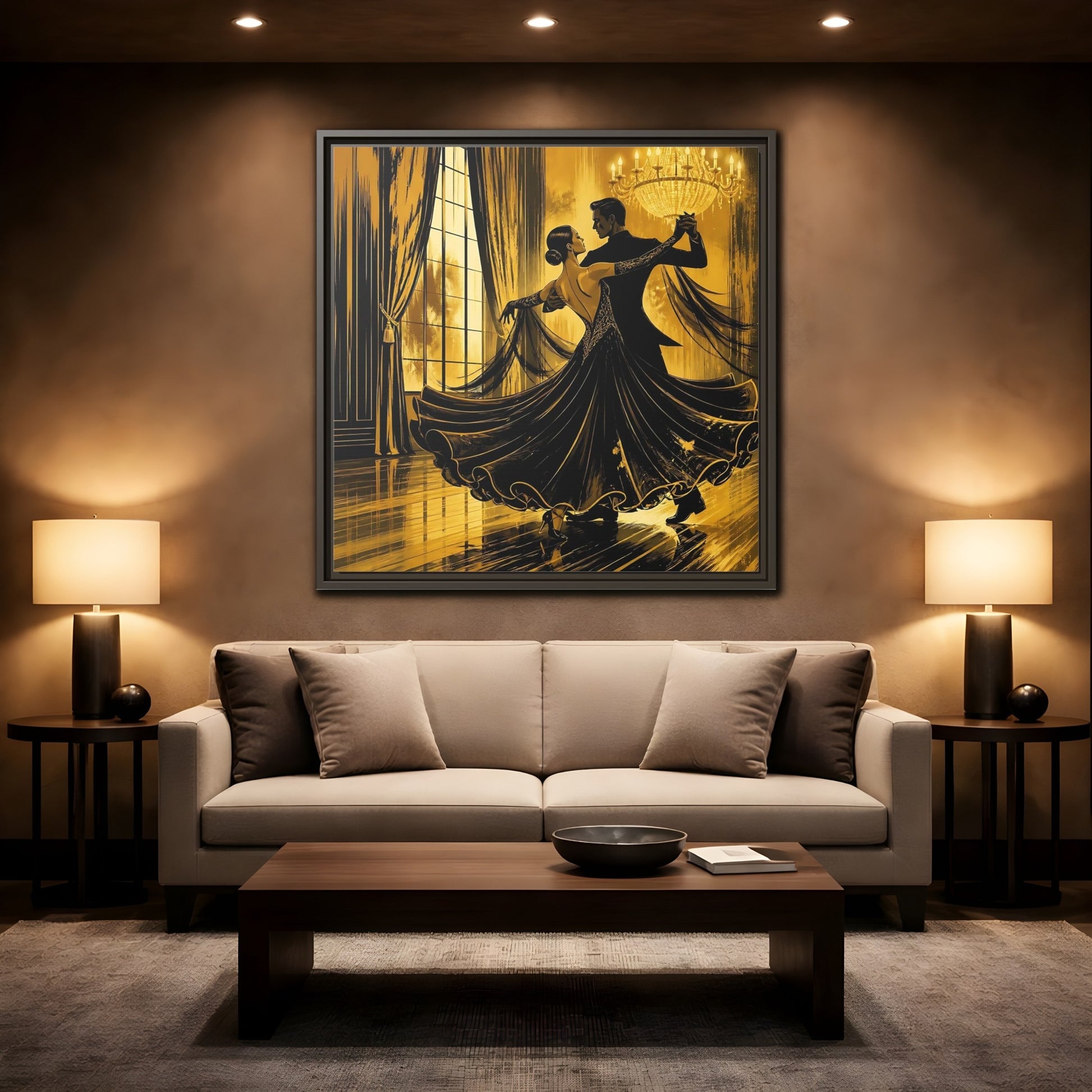 Mockup 2. Vintage Dancing Couple Gold And Black shown as framed canvas print