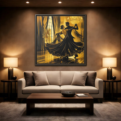 Mockup 2. Vintage Dancing Couple Gold And Black shown as framed canvas print