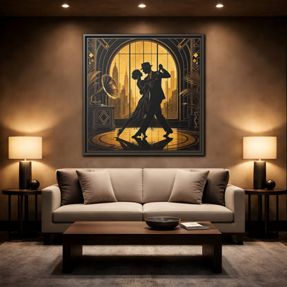 Mockup 2. Vintage Dancing Couple Gold And Black shown as framed canvas print