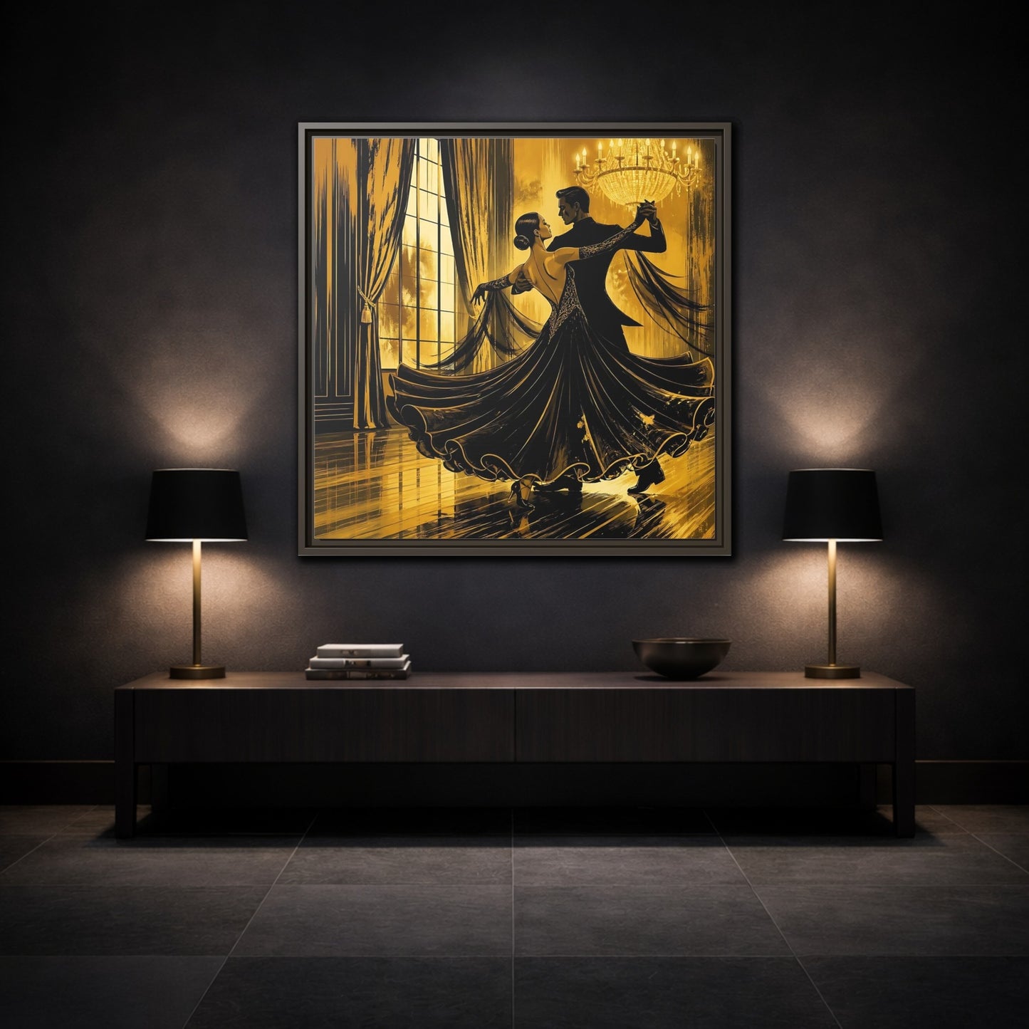 Mockup 3. Vintage Dancing Couple Gold And Black shown as framed canvas print