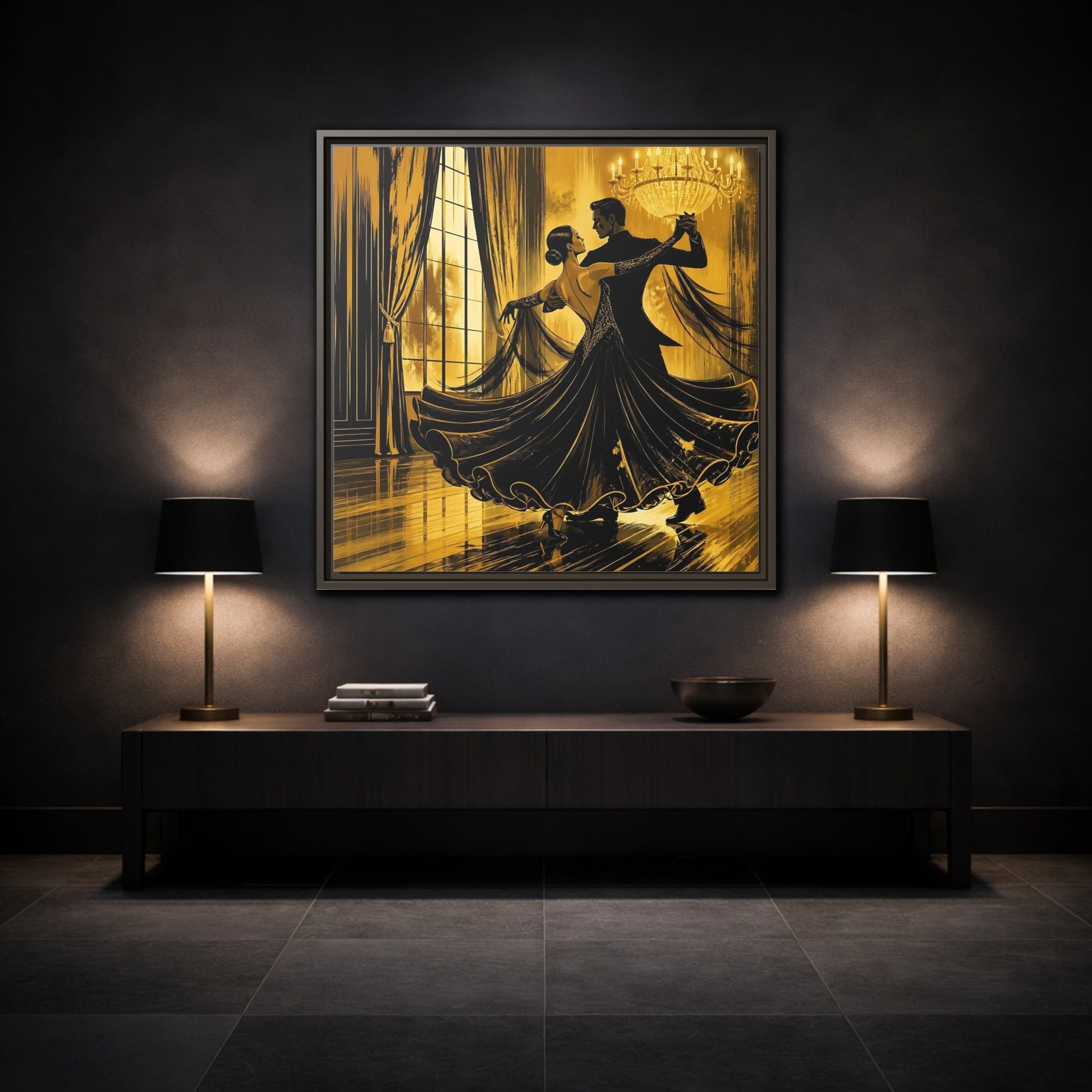 Mockup 3. Vintage Dancing Couple Gold And Black shown as framed canvas print