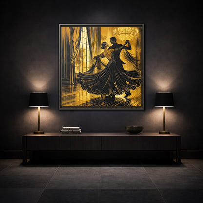 Mockup 3. Vintage Dancing Couple Gold And Black shown as framed canvas print