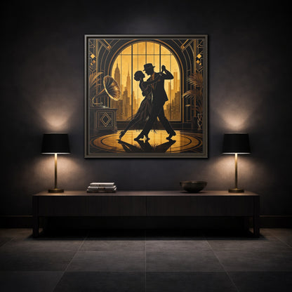Mockup 3. Vintage Dancing Couple Gold And Black shown as framed canvas print