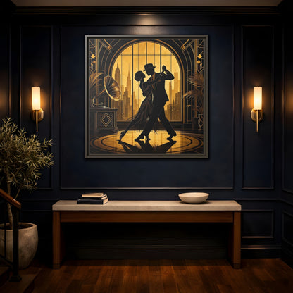 Mockup 4. Vintage Dancing Couple Gold And Black shown as framed canvas print