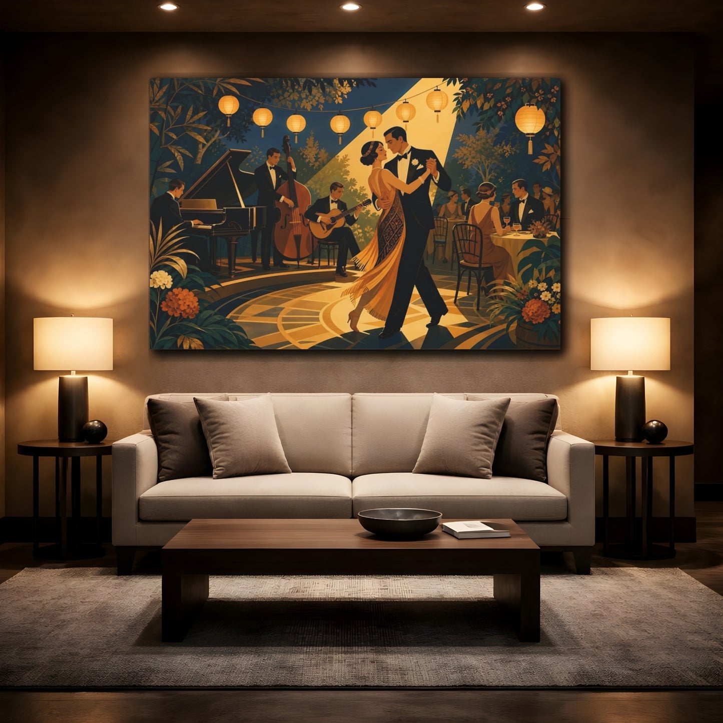 Mockup 2. Vintage Dancing Couple Gold And Dark Blue shown as canvas print