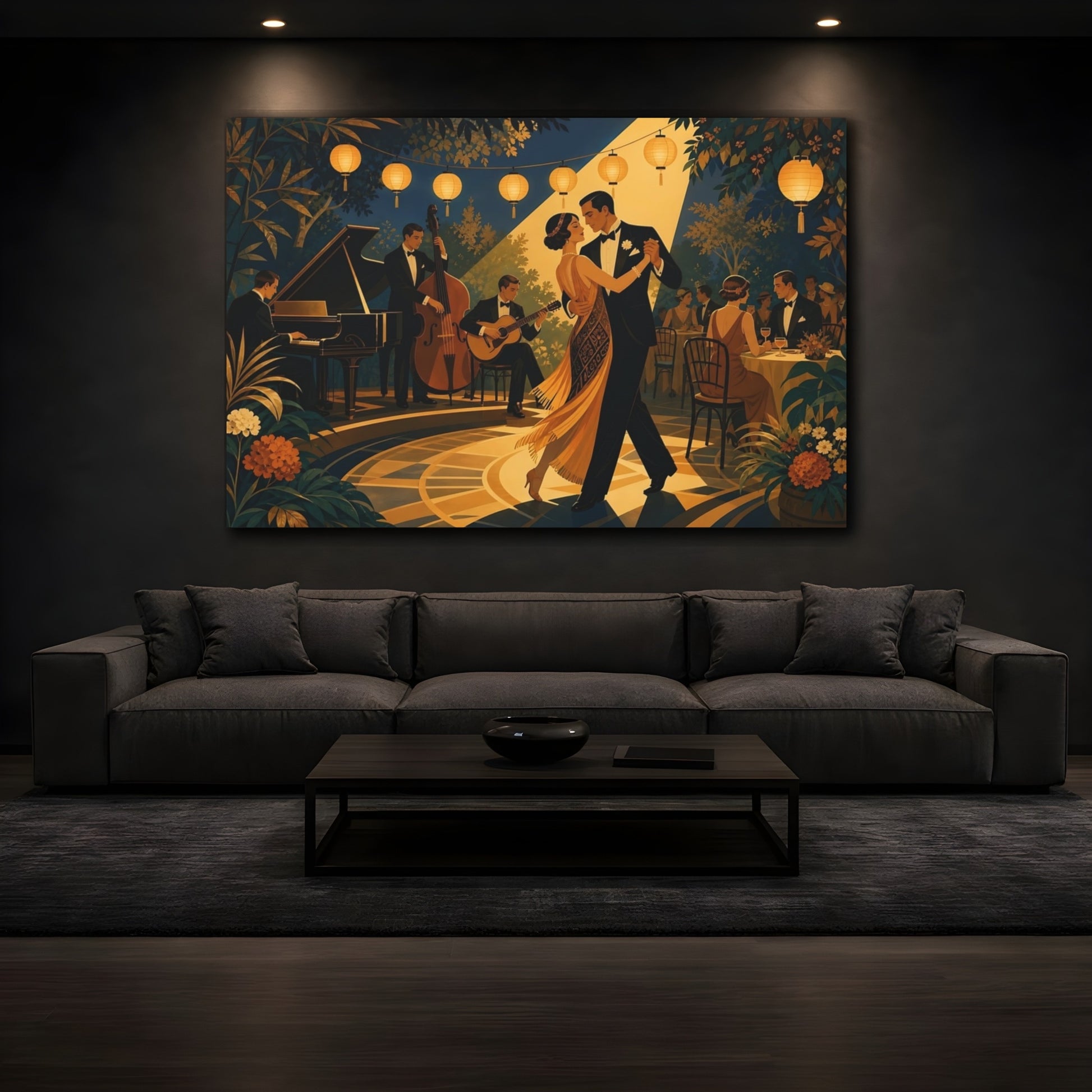 Mockup 3. Vintage Dancing Couple Gold And Dark Blue shown as canvas print