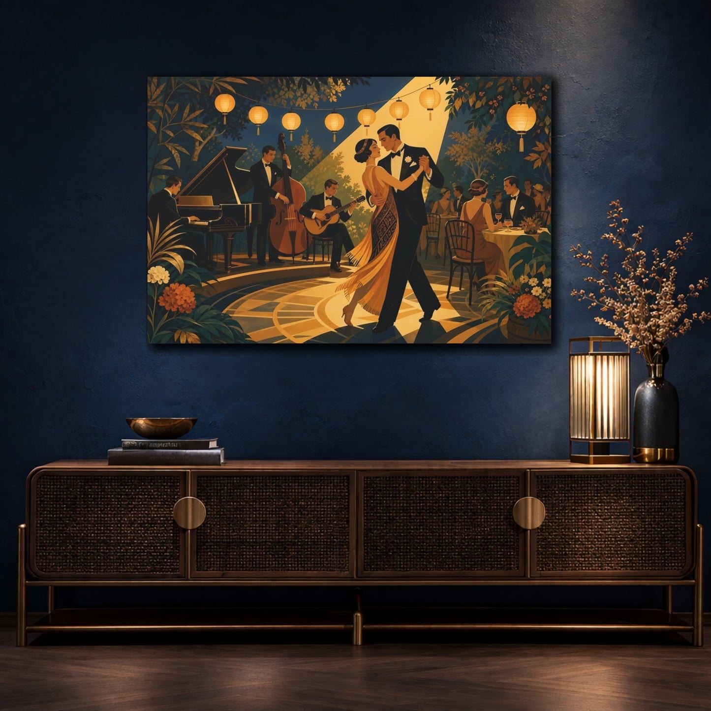 Mockup 4. Vintage Dancing Couple Gold And Dark Blue shown as canvas print