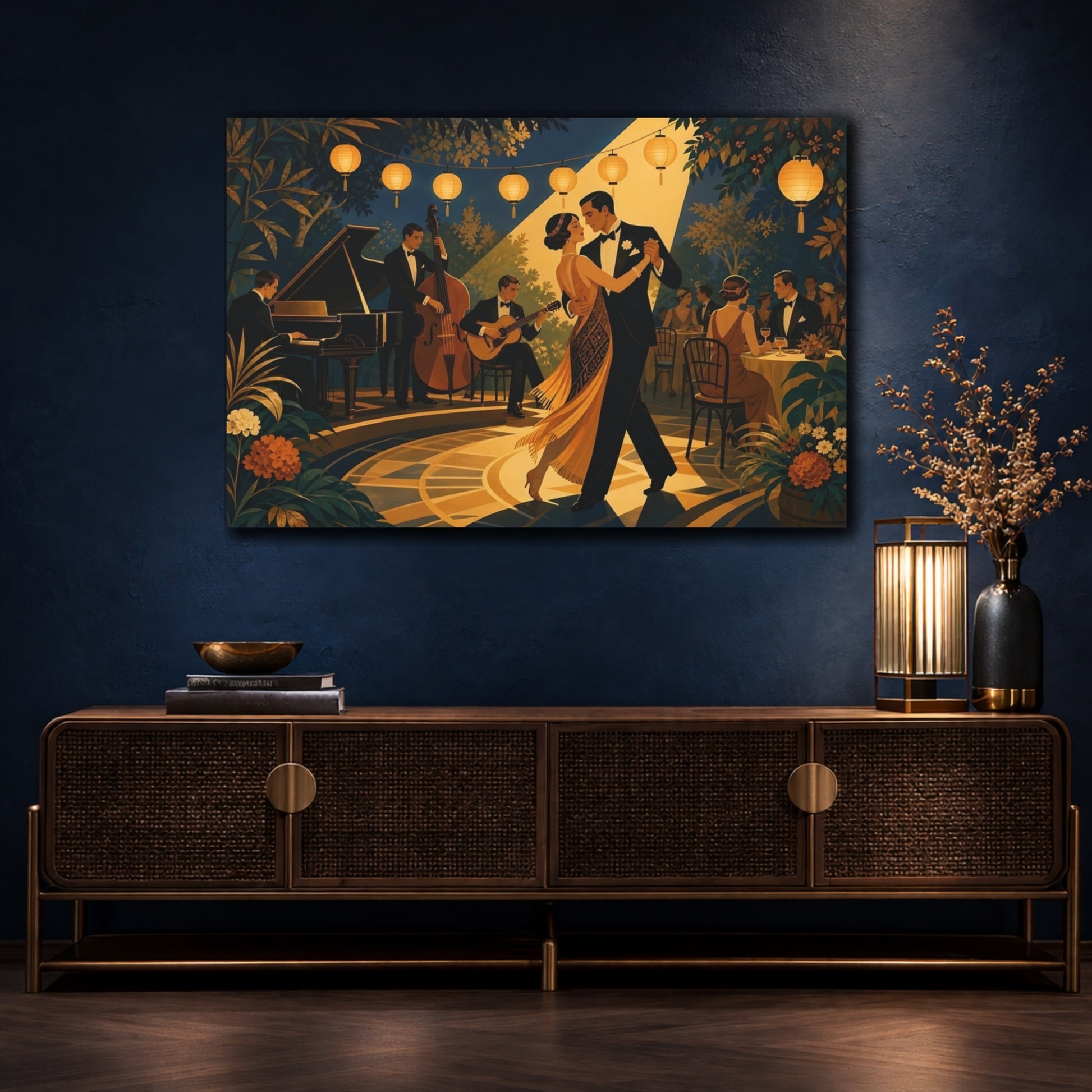 Mockup 4. Vintage Dancing Couple Gold And Dark Blue shown as canvas print