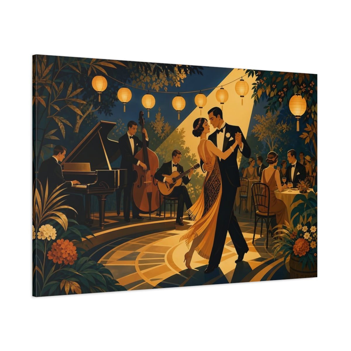 Side Mockup 1. Vintage Dancing Couple Gold And Dark Blue shown as canvas print