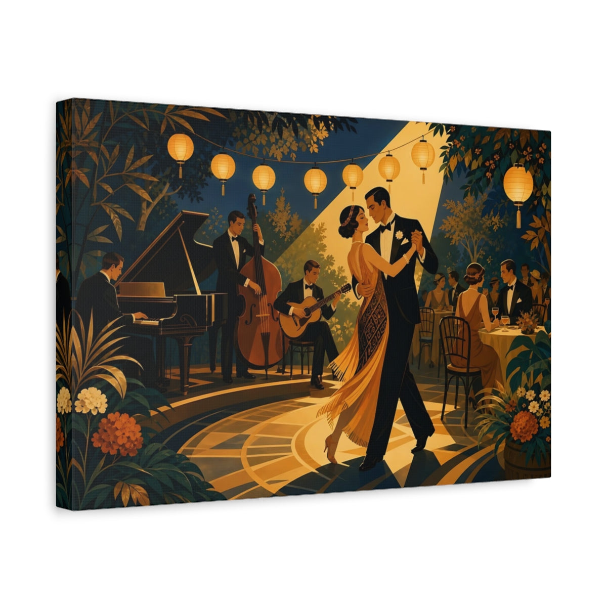 Side Mockup 4. Vintage Dancing Couple Gold And Dark Blue shown as canvas print