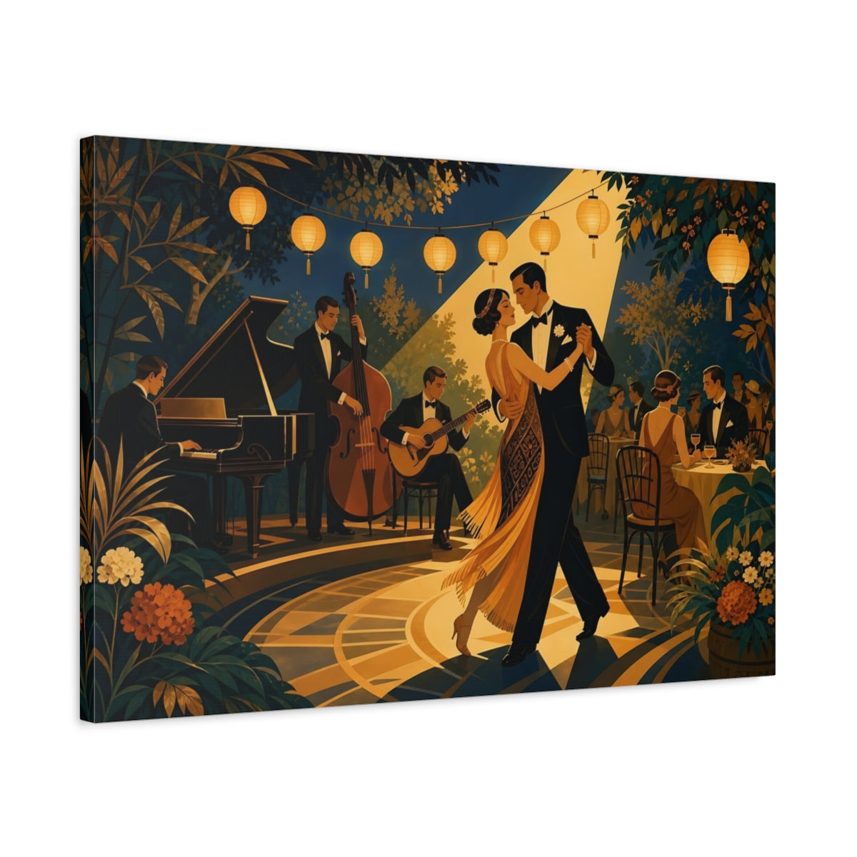 Side Mockup 2. Vintage Dancing Couple Gold And Dark Blue shown as canvas print