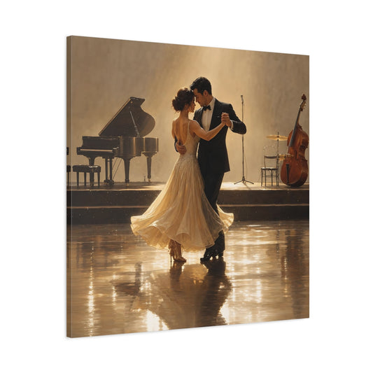 Main Mockup. Vintage Dancing Couple Golden Glow shown as canvas print