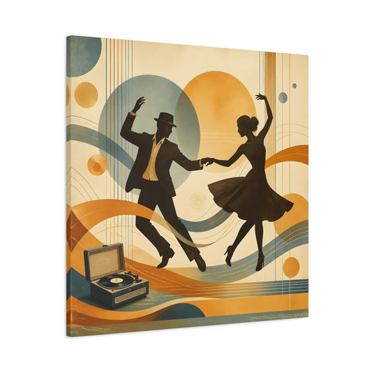 Main Mockup. Vintage Dancing Couple Orange And Blue shown as canvas print