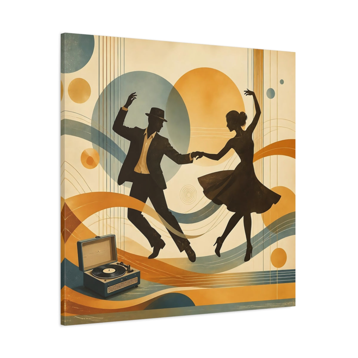 Side Mockup 1. Vintage Dancing Couple Orange And Blue shown as canvas print