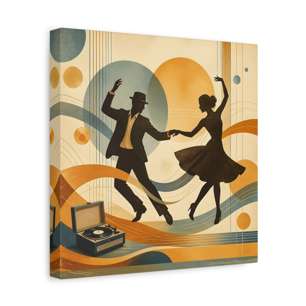Side Mockup 8. Vintage Dancing Couple Orange And Blue shown as canvas print