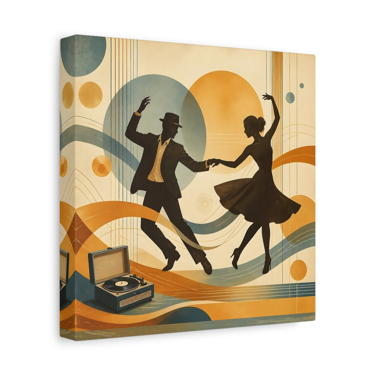 Side Mockup 9. Vintage Dancing Couple Orange And Blue shown as canvas print