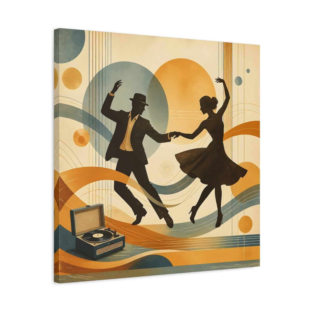 Side Mockup 4. Vintage Dancing Couple Orange And Blue shown as canvas print