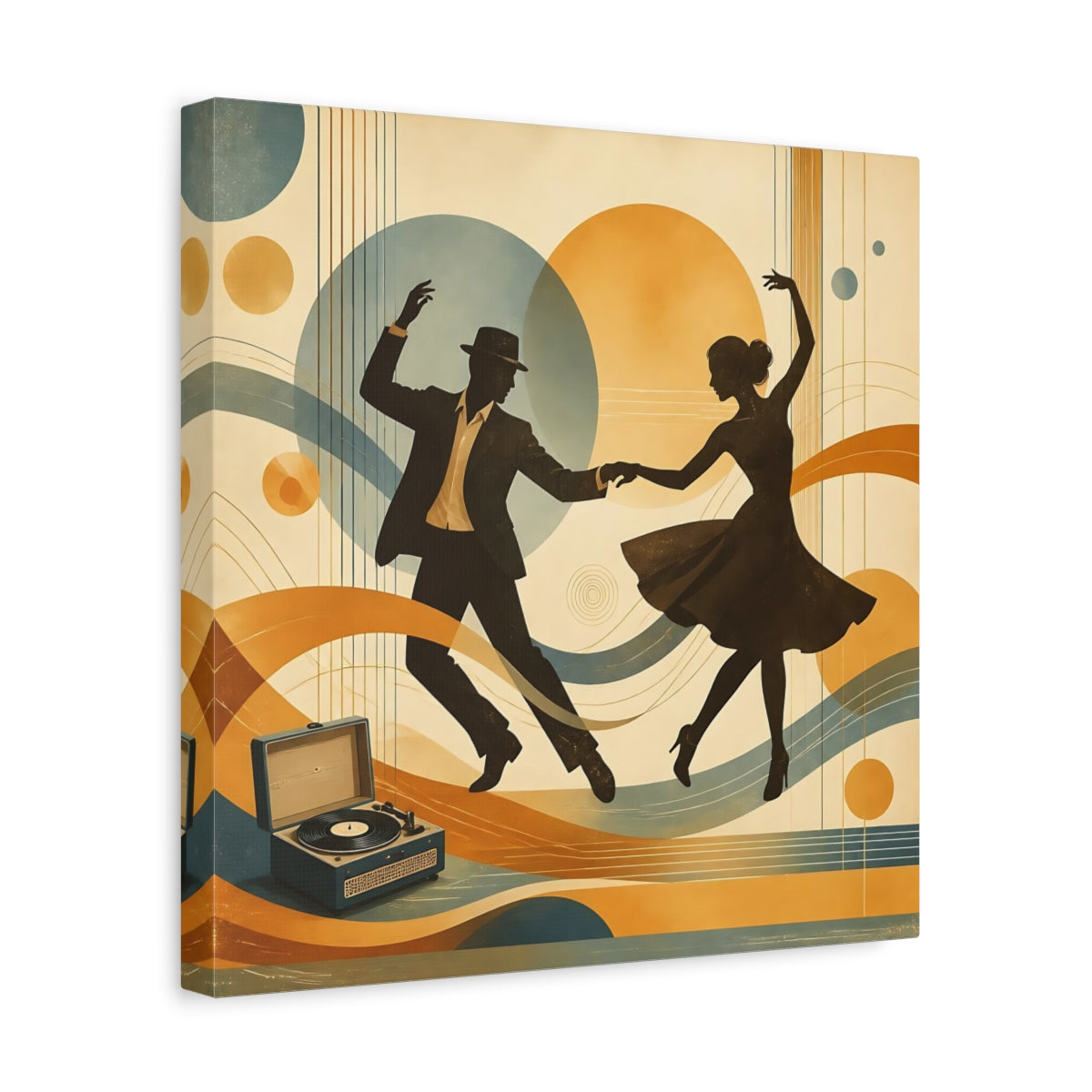 Side Mockup 7. Vintage Dancing Couple Orange And Blue shown as canvas print