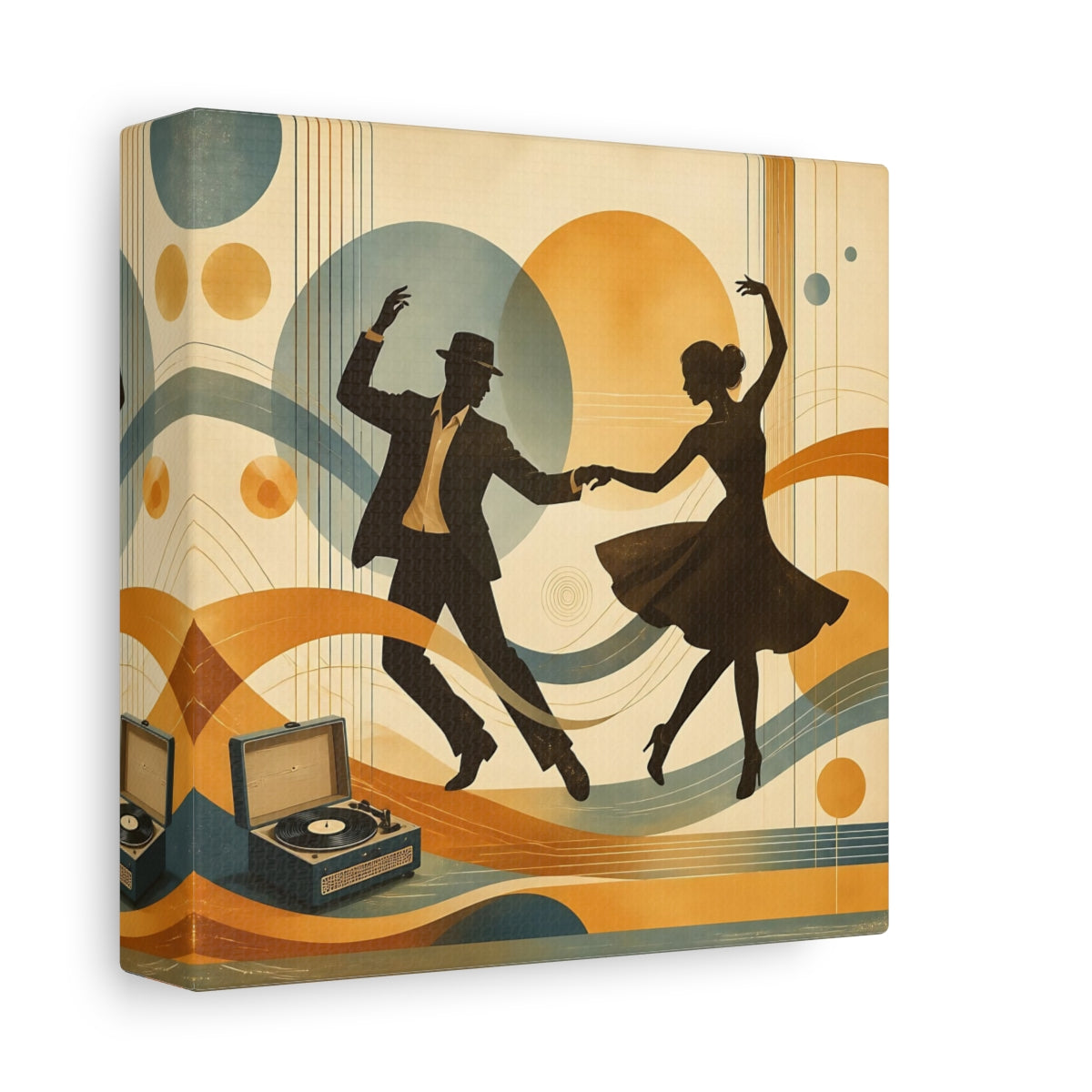 Side Mockup 2. Vintage Dancing Couple Orange And Blue shown as canvas print
