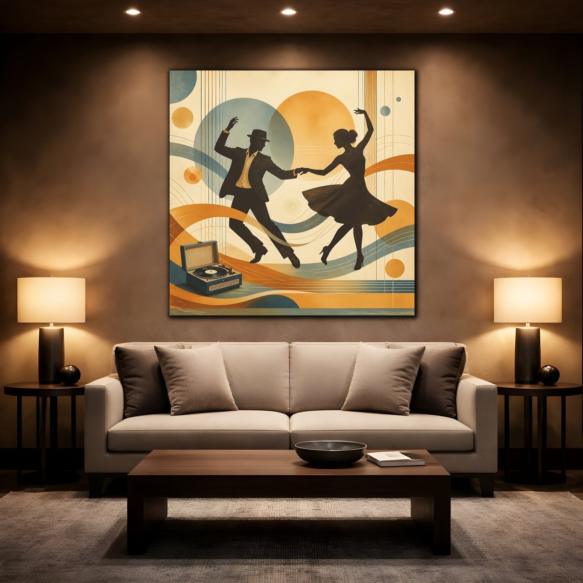 Mockup 2. Vintage Dancing Couple Orange And Blue shown as canvas print