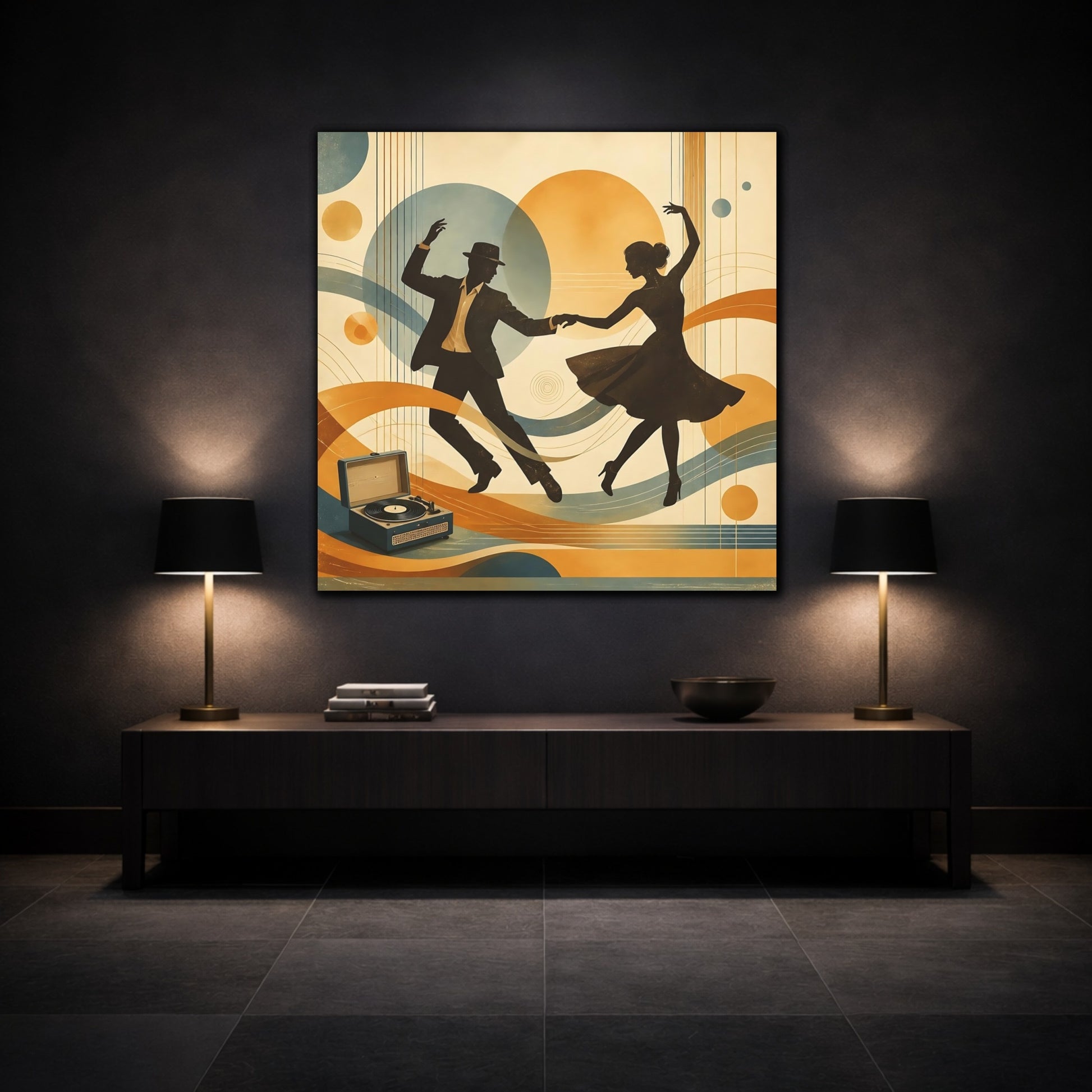 Mockup 3. Vintage Dancing Couple Orange And Blue shown as canvas print