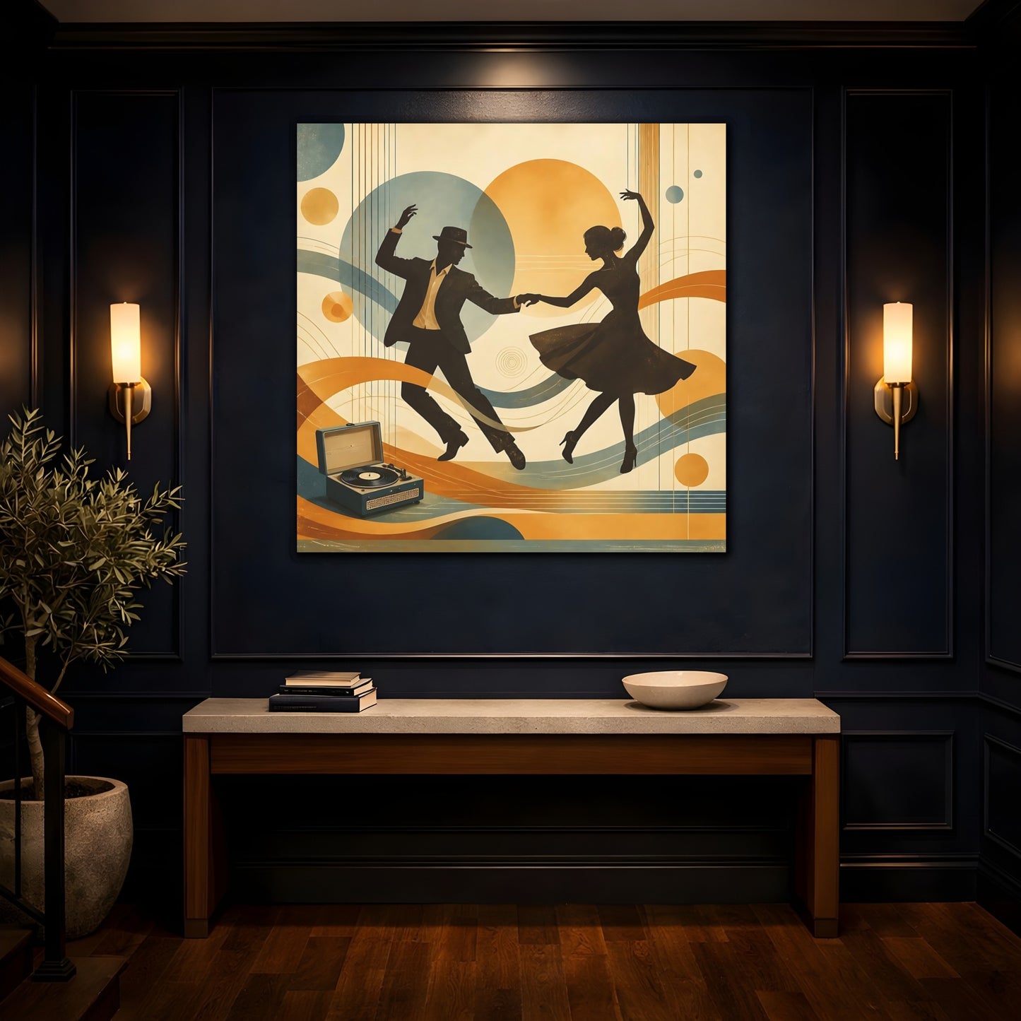 Mockup 4. Vintage Dancing Couple Orange And Blue shown as canvas print