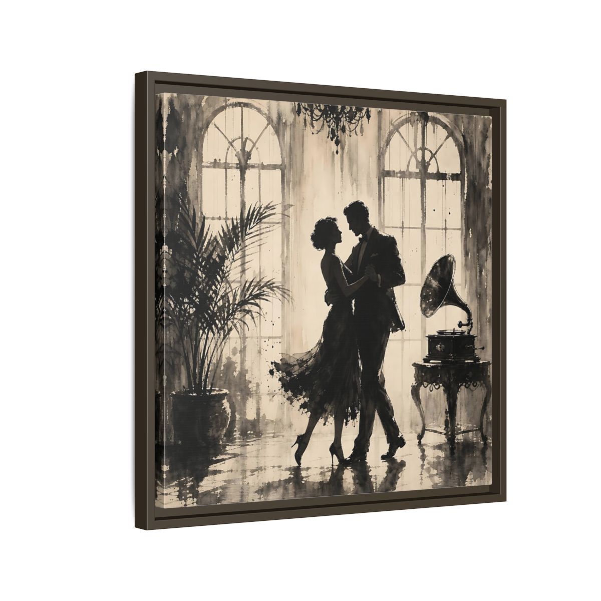 Side Mockup 11. Vintage Dancing Couple Sepia Dance shown as framed canvas print