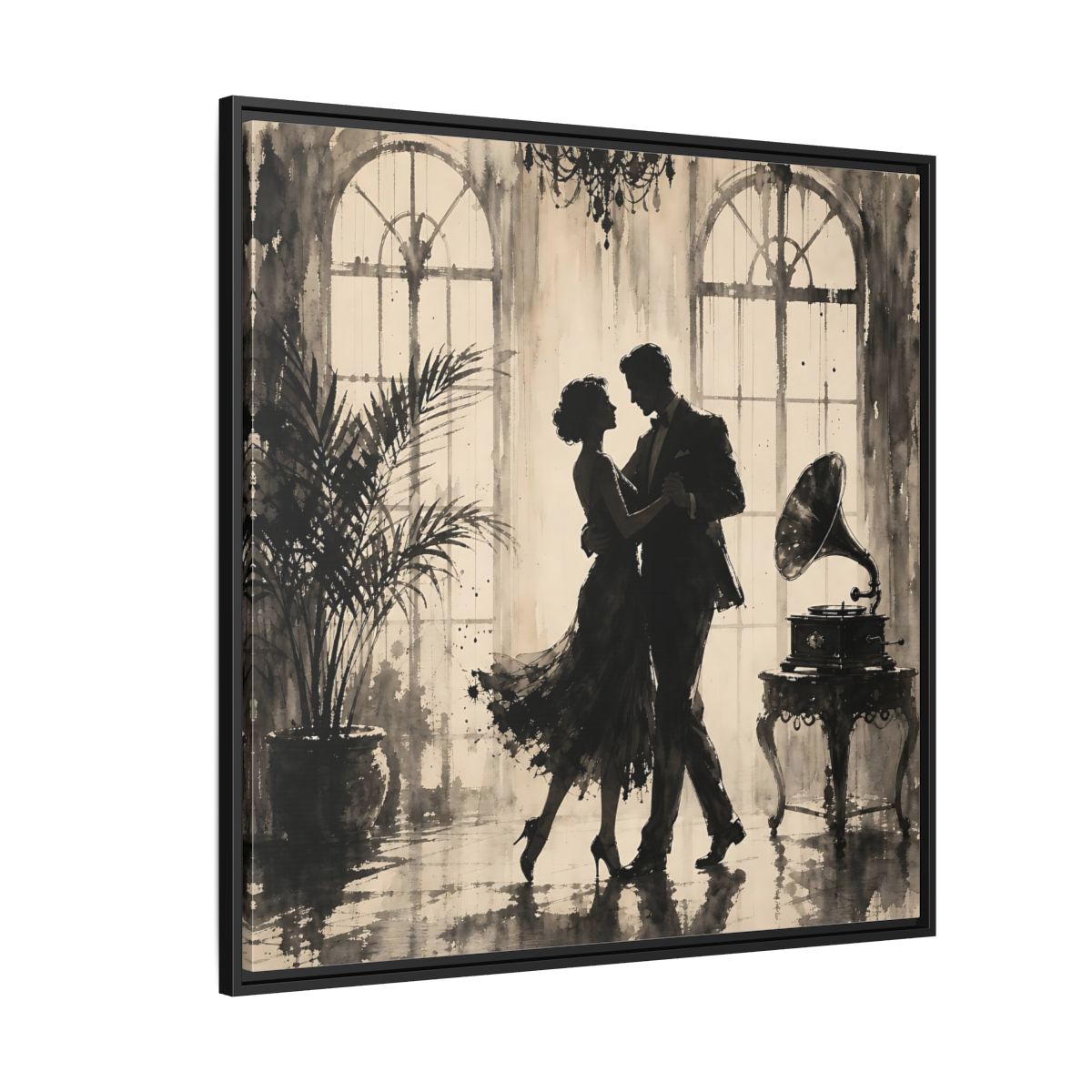 Side Mockup 6. Vintage Dancing Couple Sepia Dance shown as framed canvas print