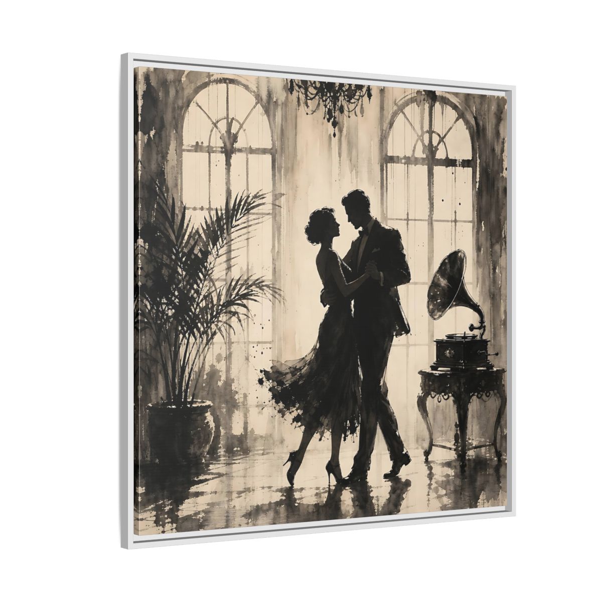 Side Mockup 4. Vintage Dancing Couple Sepia Dance shown as framed canvas print