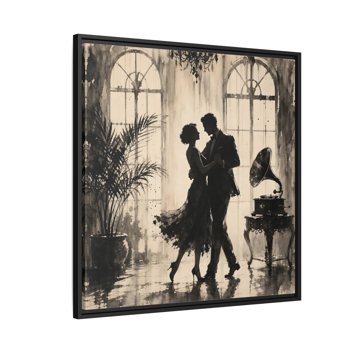 Side Mockup 9. Vintage Dancing Couple Sepia Dance shown as framed canvas print