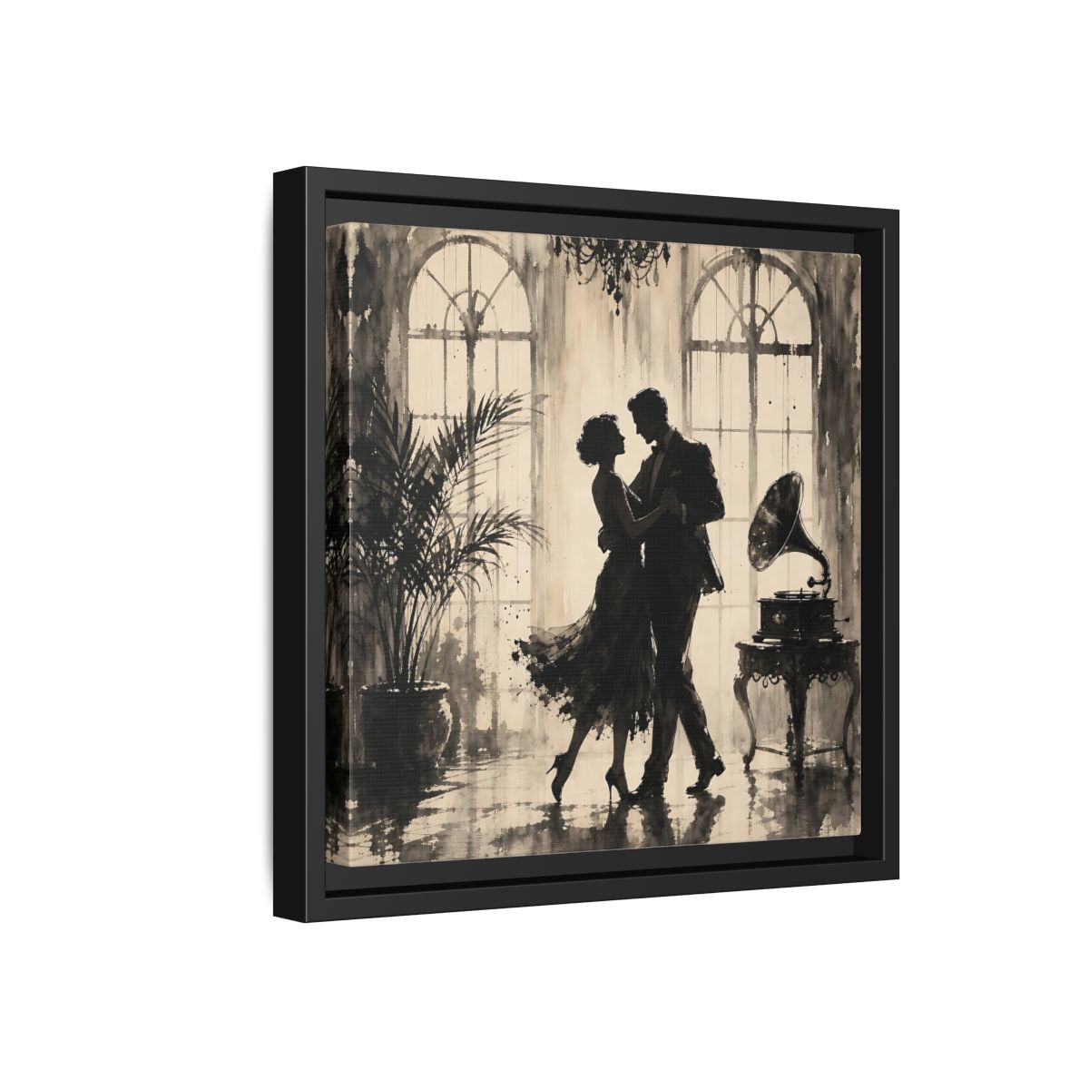 Side Mockup 18. Vintage Dancing Couple Sepia Dance shown as framed canvas print