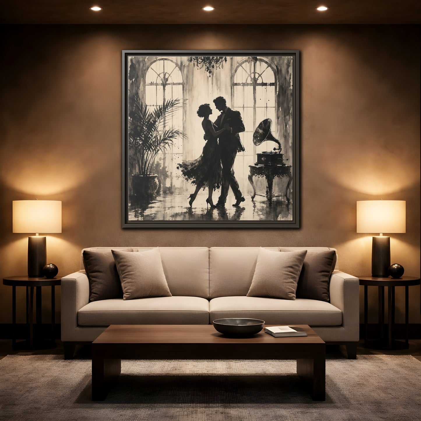 Mockup 2. Vintage Dancing Couple Sepia Dance shown as framed canvas print