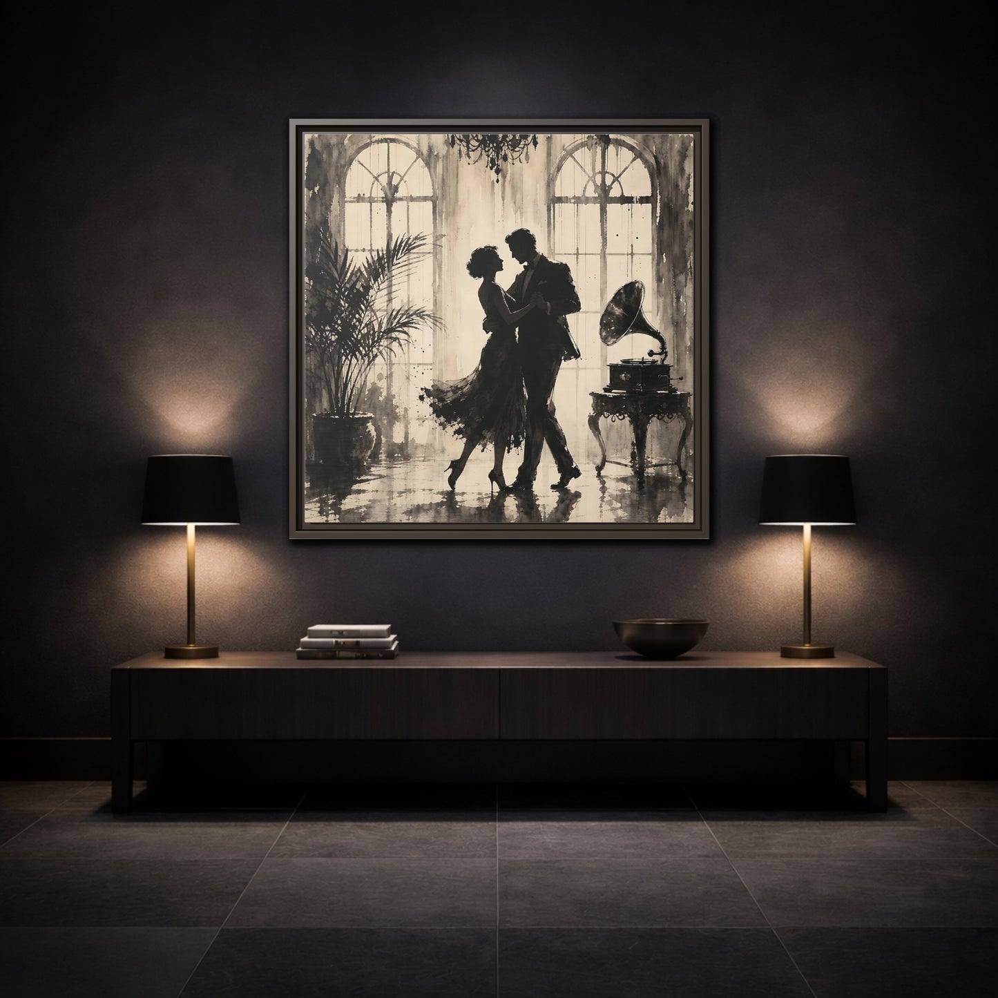 Mockup 3. Vintage Dancing Couple Sepia Dance shown as framed canvas print