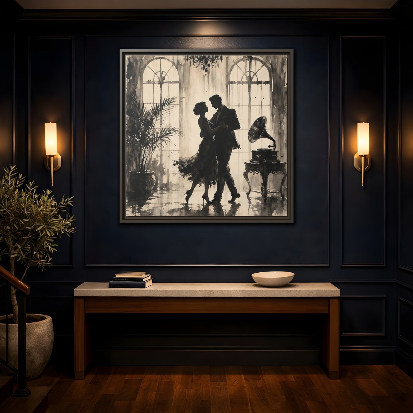 Mockup 4. Vintage Dancing Couple Sepia Dance shown as framed canvas print