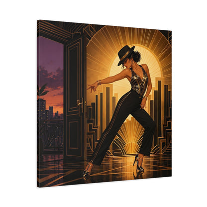 Main Mockup. Vintage Dancing Woman Black And Gold shown as canvas print