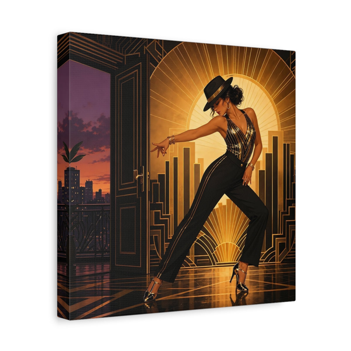 Side Mockup 8. Vintage Dancing Woman Black And Gold shown as canvas print