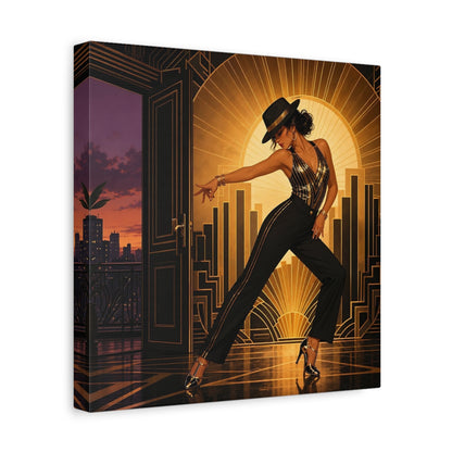 Side Mockup 8. Vintage Dancing Woman Black And Gold shown as canvas print