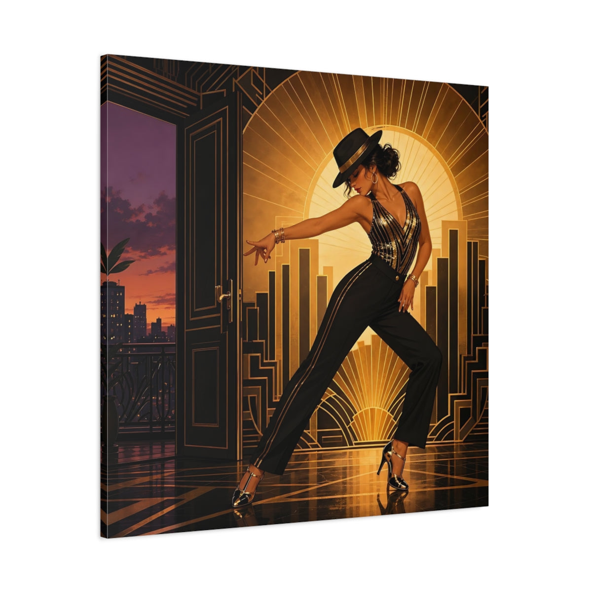 Side Mockup 1. Vintage Dancing Woman Black And Gold shown as canvas print