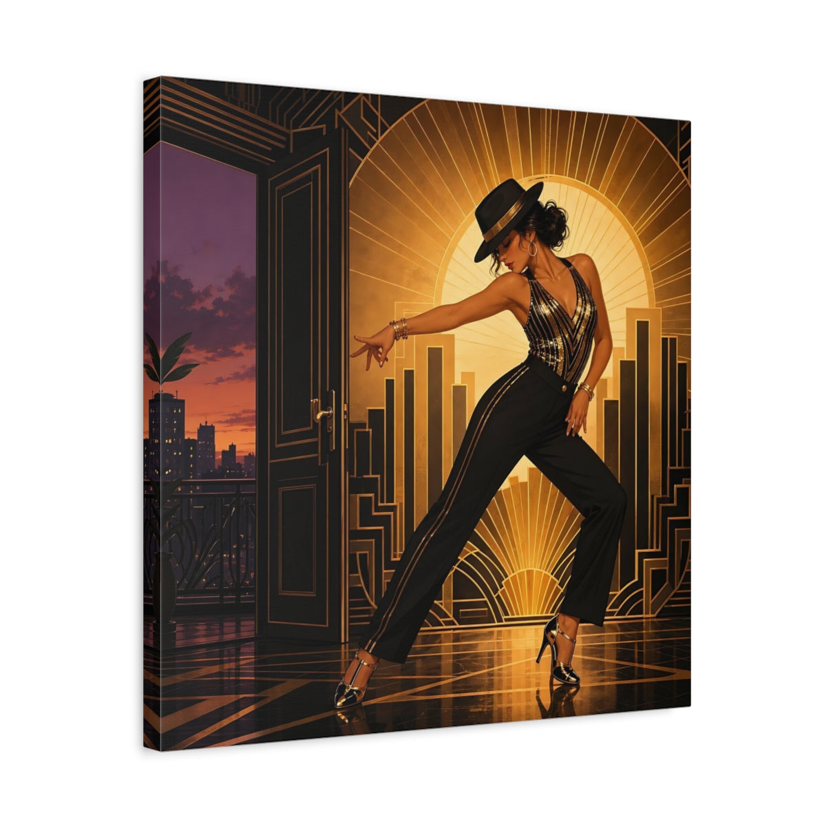 Side Mockup 5. Vintage Dancing Woman Black And Gold shown as canvas print