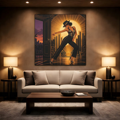 Mockup 2. Vintage Dancing Woman Black And Gold shown as canvas print