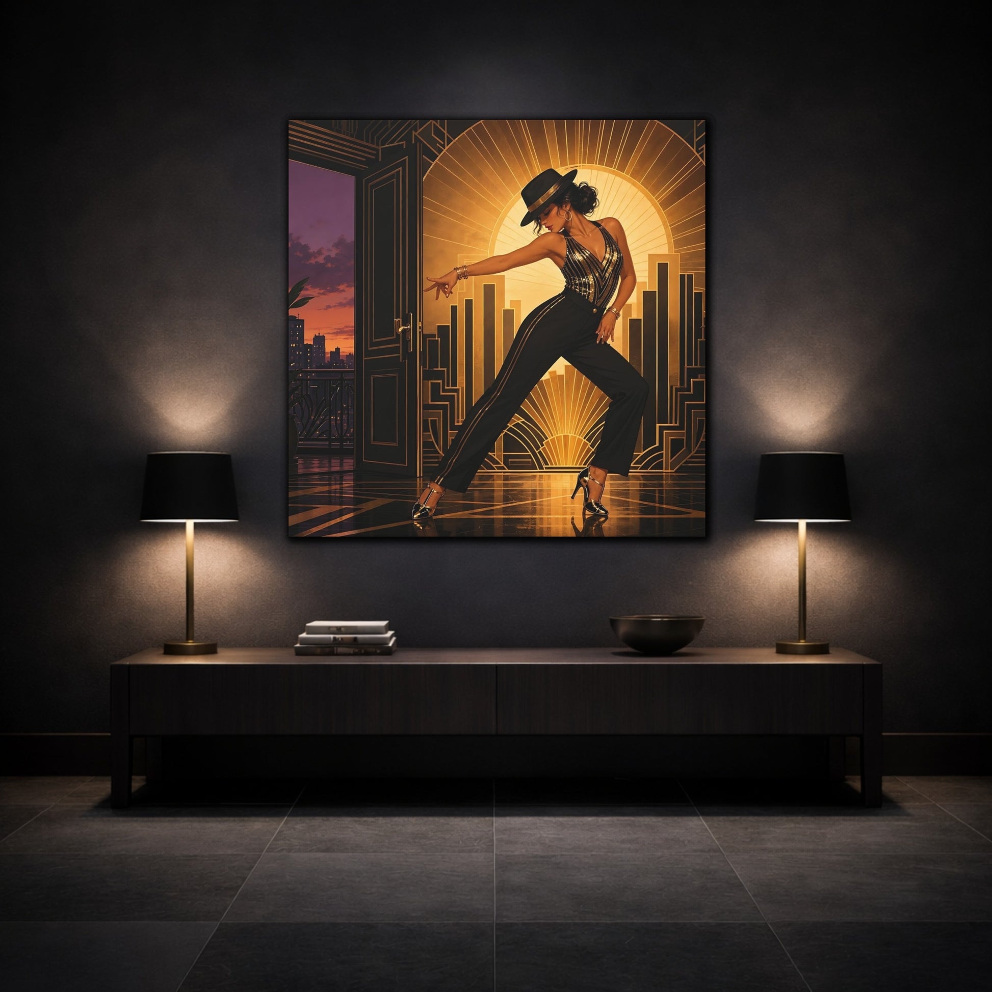 Mockup 3. Vintage Dancing Woman Black And Gold shown as canvas print