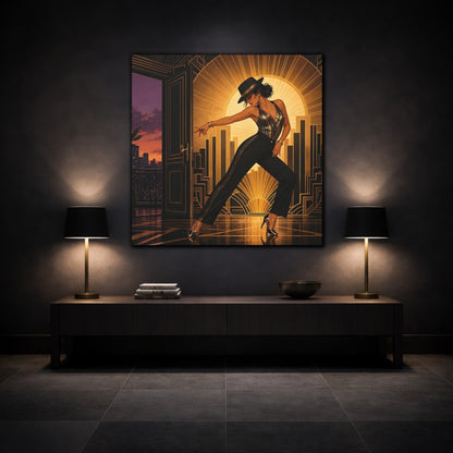 Mockup 3. Vintage Dancing Woman Black And Gold shown as canvas print