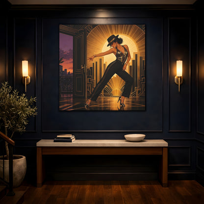 Mockup 4. Vintage Dancing Woman Black And Gold shown as canvas print