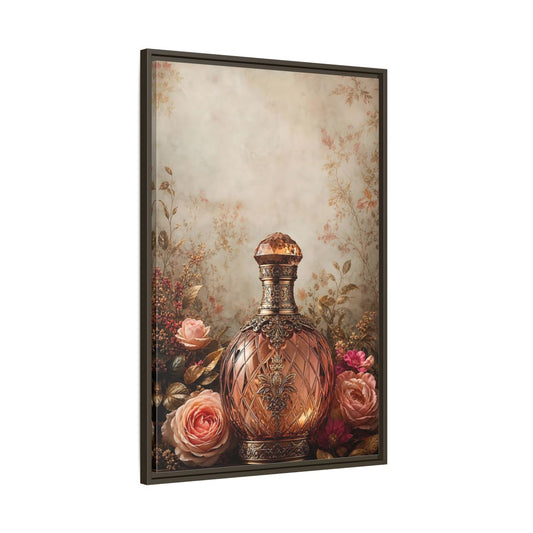 Main Mockup. Vintage Decorative Bottle Rose Gold Floral shown as stretched canvas wall art