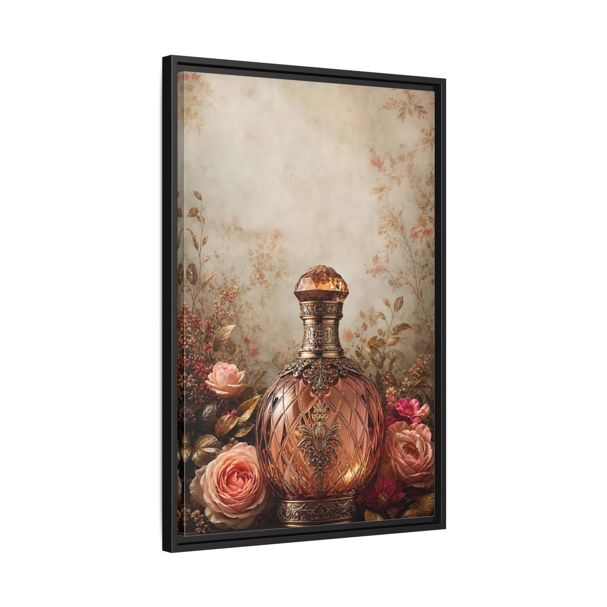 Side Mockup 14. Vintage Decorative Bottle Rose Gold Floral shown as stretched canvas wall art