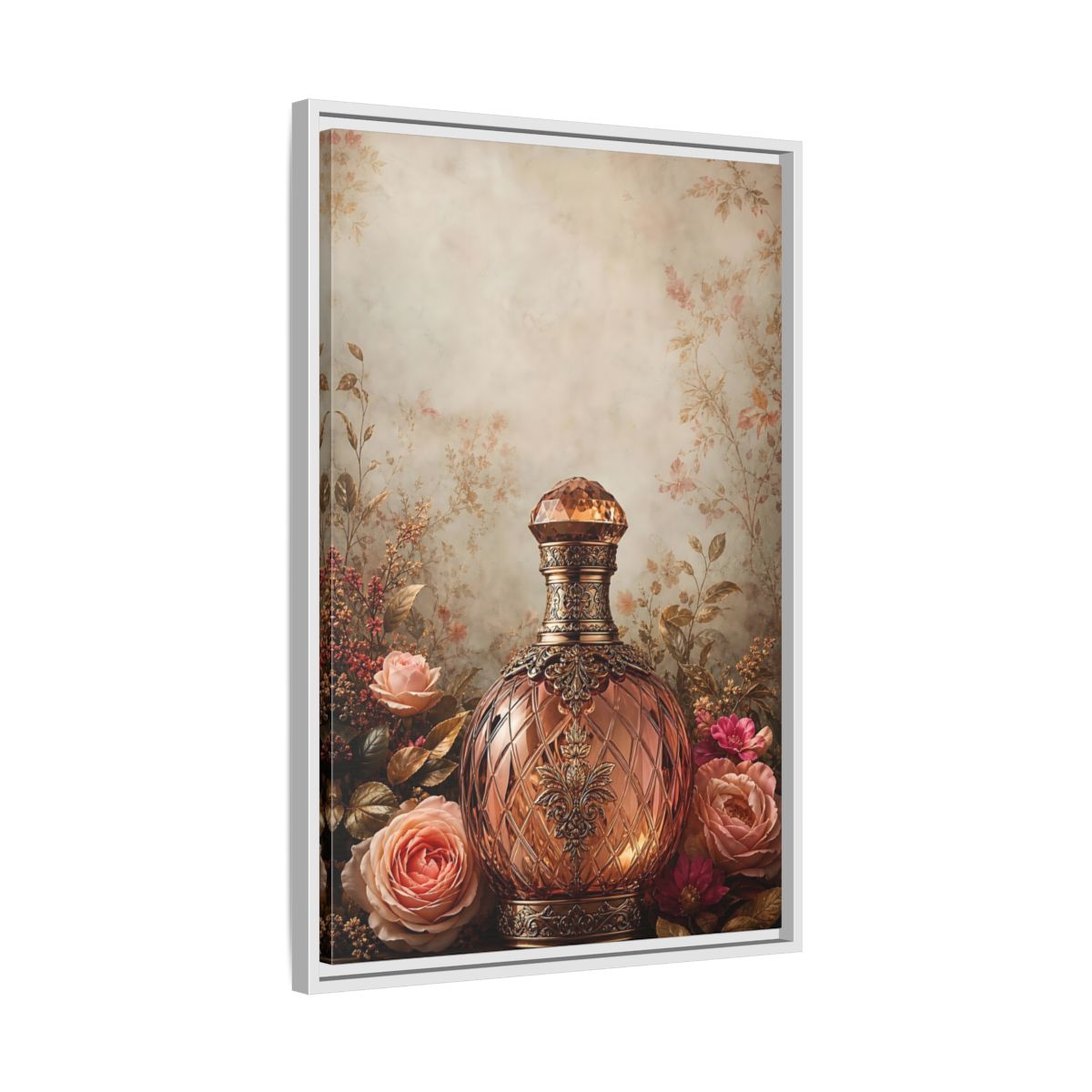 Side Mockup 10. Vintage Decorative Bottle Rose Gold Floral shown as stretched canvas wall art