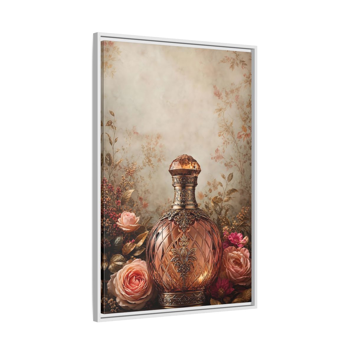 Side Mockup 9. Vintage Decorative Bottle Rose Gold Floral shown as stretched canvas wall art