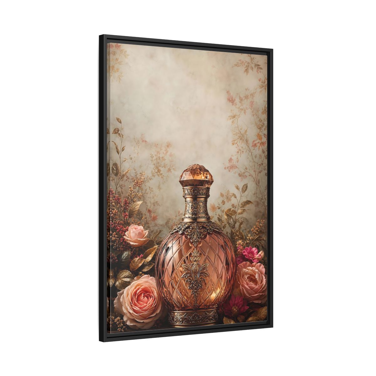 Side Mockup 13. Vintage Decorative Bottle Rose Gold Floral shown as stretched canvas wall art
